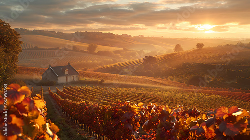 Scenic European vineyard landscape featuring lush green vines, rustic buildings, and rolling hills, capturing the essence of traditional winemaking culture and countryside charm