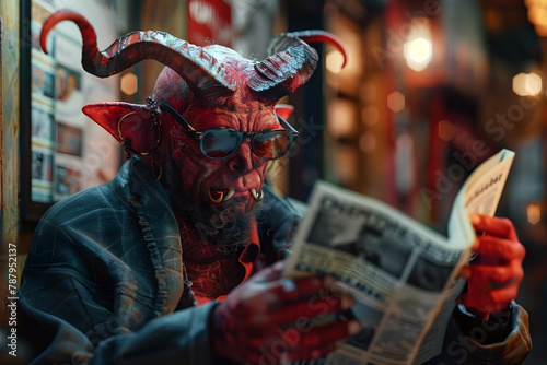 Devilish Demon Replaces Town Newspapers with Comical Comic Strips in Cinematic Scene photo