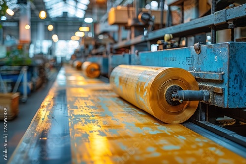 Industrial printer with large yellow rollers covers transparent fabric with an even yellow layer in a production hall photo