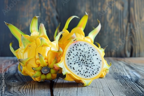 Yellow dragon fruit on wood background photo