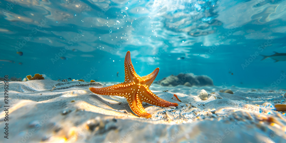 Starfish on the beach in the sea Starfish in turquoise water with under ...