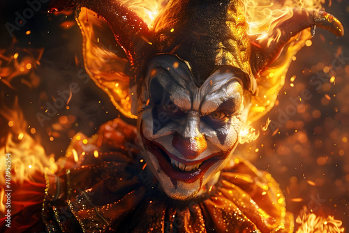 Diabolic Jester Demon Reigning Amidst Fiery Inferno of Chaos and Laughter