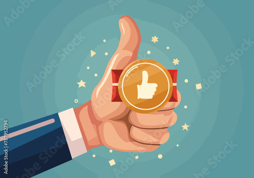 Businessman Endorsing Product or Employee with Thumbs Up Honor Badge - Quality Approval, Public Support Evaluation Concept Illustration