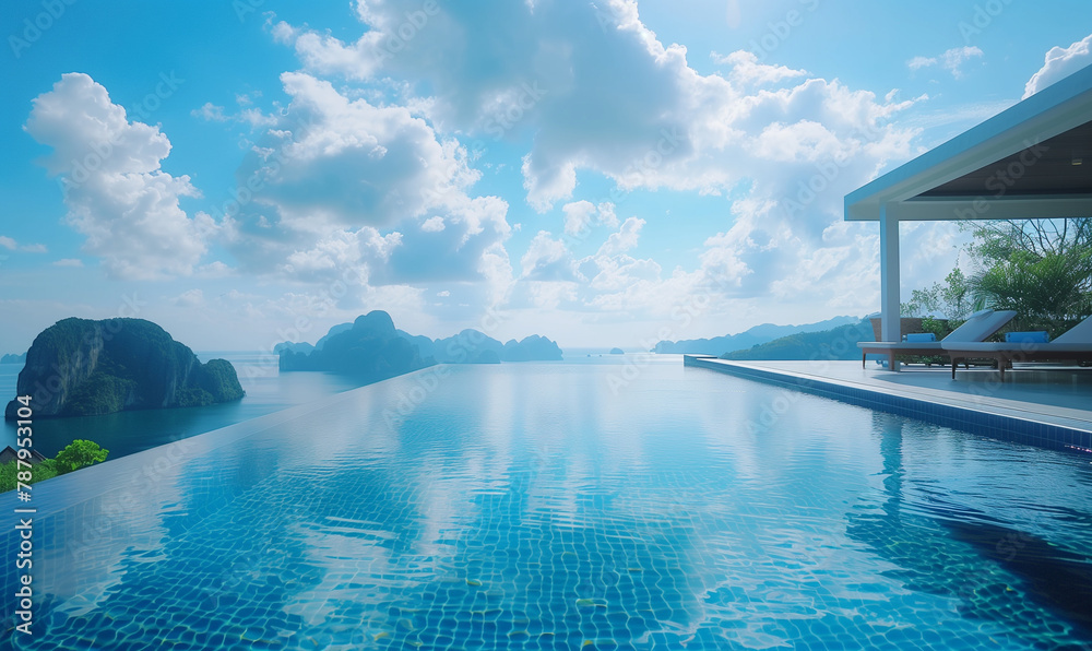 Luxury pool with breathtaking view, beautiful panoramic landscape, generated ai
