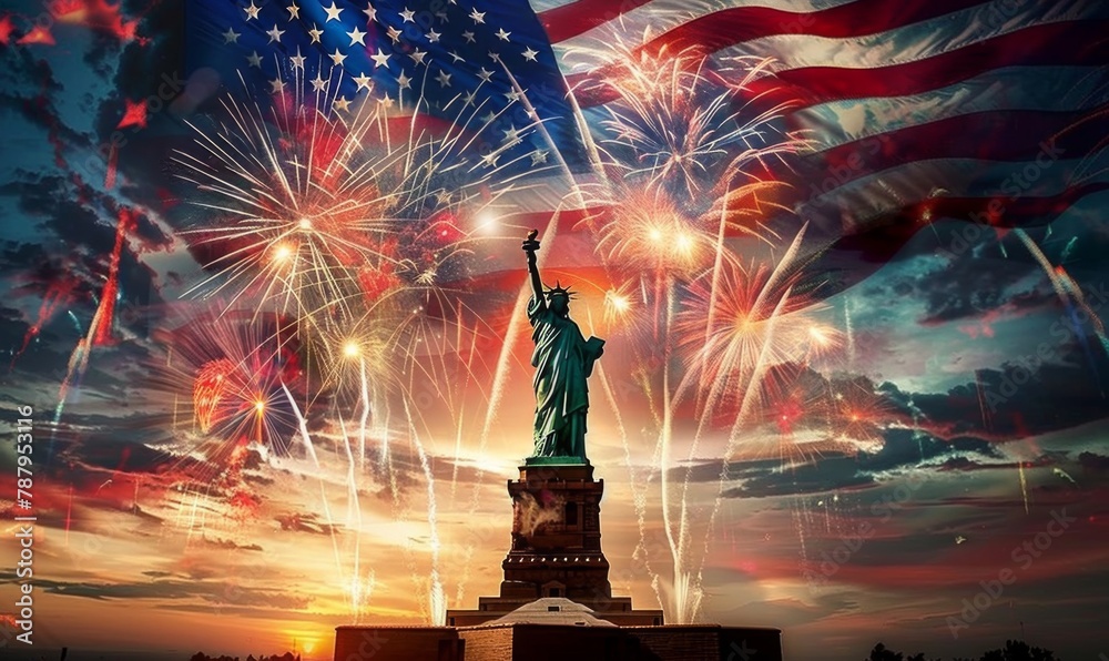 Imagine 15m A photo of the Statue of Liberty with an American flag in ...