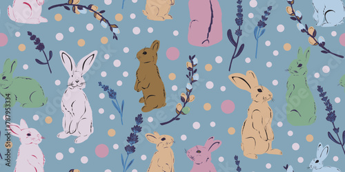 Easter bunnies stylized spring grasses hand drawn vector seamless pattern in retro style..