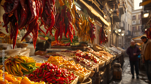 A vibrant Indian marketplace bustling with colorful stalls, exotic spices, and lively chatter, offering a sensory journey through the heart of India's rich cultural heritage.
