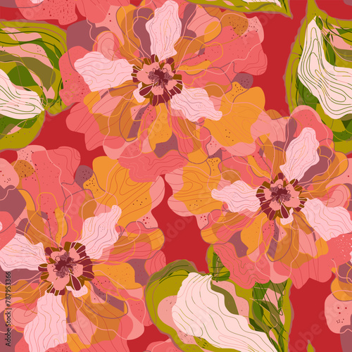 Mosaic stylized blooming flowers and leaves in Japanese style vector seamless pattern spring motifs ornament. Retro style.