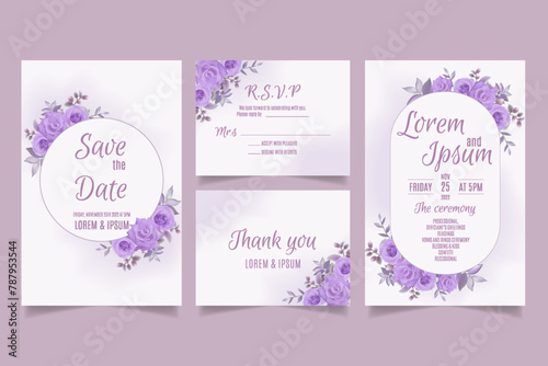 Wedding invitation template with purple roses and leaves
