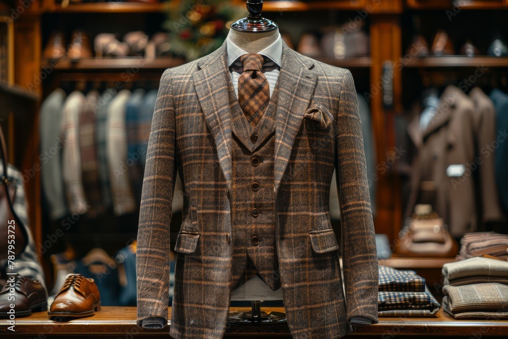 A sophisticated checkered suit displayed on a mannequin surrounded by stylish men's attire in a boutique