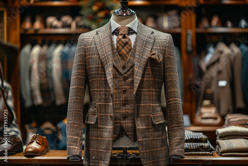 A sophisticated checkered suit displayed on a mannequin surrounded by stylish men's attire in a boutique