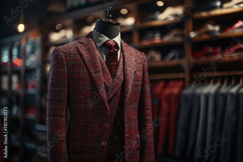 A red checkered suit on a mannequin stands out in a luxurious shop setting, showcasing style and quality