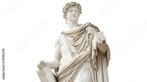 Greek sculpture holding a shopping bag statue isolated on a transparent background