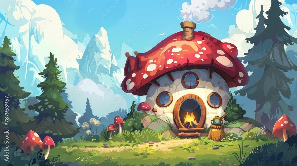 In a forest glade there is a mushroom house made from gnomes. Modern cartoon illustration of fairytale scenery, a small dwarf hut with porch and round windows in mountain woodland. Smoke rises from a