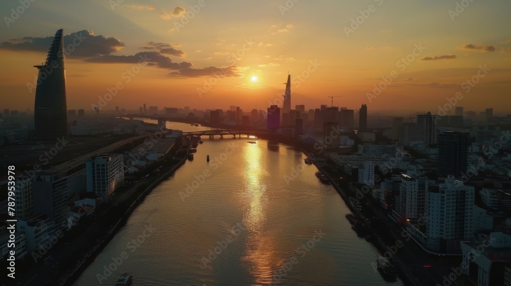 Bitexco Financial Tower, buildings, roads at sunset view from Thu Thiem 2 bridge, connecting Thu Thiem peninsula and District 1 across the Saigon River in Ho Chi Minh city