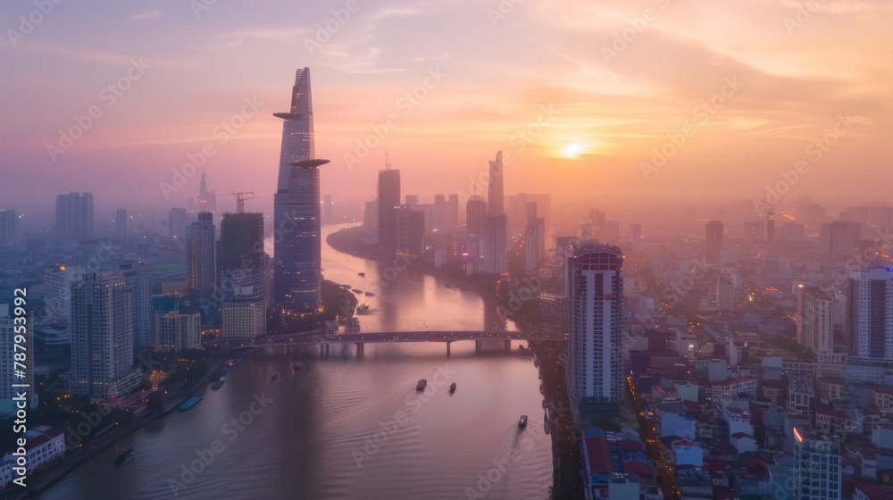 Bitexco Financial Tower, buildings, roads at sunset view from Thu Thiem 2 bridge, connecting Thu Thiem peninsula and District 1 across the Saigon River in Ho Chi Minh city - obrazy, fototapety, plakaty 