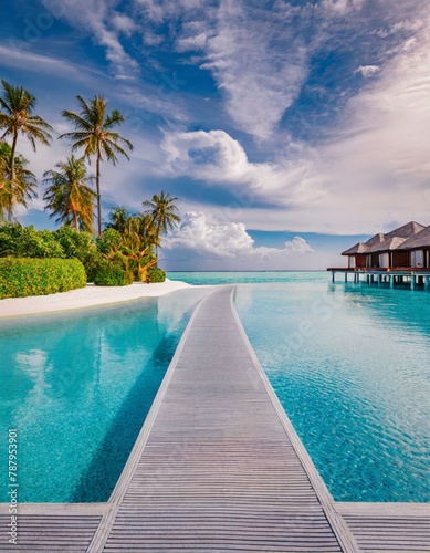 Tropical resort infinity pool with overwater bungalows