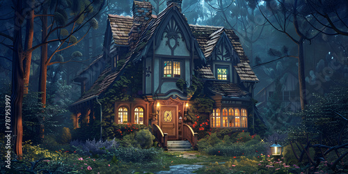 Photo small fairy tale sparkling house in magic forest wallpaper Green Fairy Fantasy House in the Forest at ight view background.   © Kainat