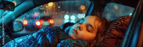 A relaxed female child in the passenger seat of a car, her face blurred, as raindrops speckle the window against a backdrop of glowing city lights. photo