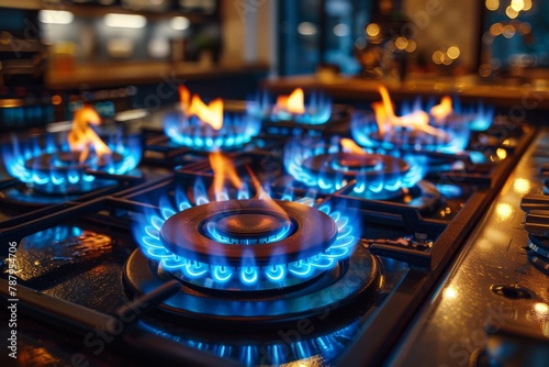 Close-up view of intense blue flames on a gas stove top, providing a concept of cooking and energy