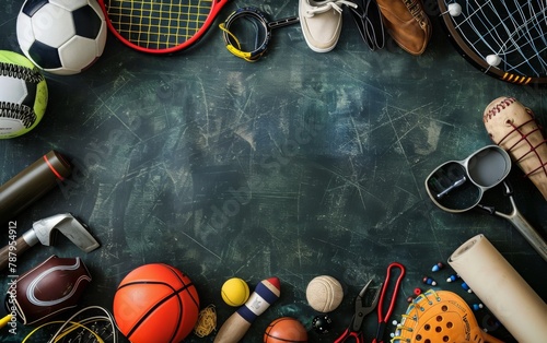 An overhead view background of various sports equipment with empty space