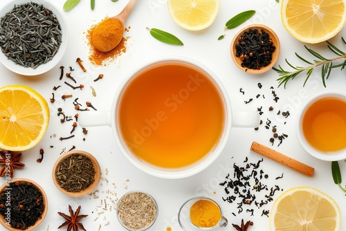A cup of tea surrounded by spices and lemons and spices on a white surface with a spoon and spoon a photo
