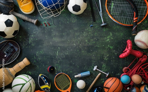 An overhead view background of various sports equipment with empty space