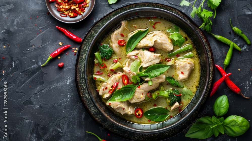 Chicken green curry Asian food, Beef green curry Thai food on a soup bowl with a mixture of herbs, vegetables and Thai red chilli spices. Top view. Chicken green curry Asian food, Beef green curry Thai food on a soup bowl with a mixture of herbs, vegetables and Thai red chilli spices. Top view.