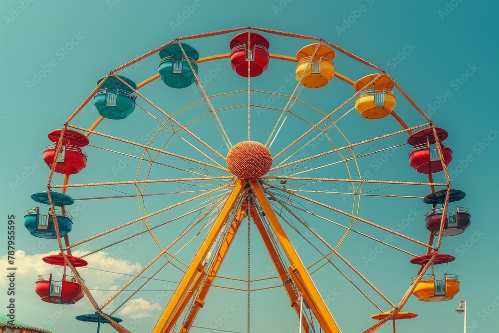 A striking image of a golden Ferris wheel contrasted by a deep blue sky, invoking fun and nostalgia