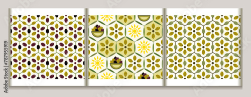 Seamless geometric patterns with olives, olive leaves, sun icon in hexagonal grid. Retro simple flat style. Good for branding, decoration of food package, decorative print