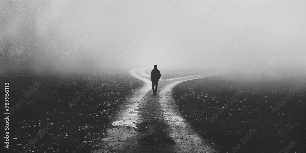 Person Standing in the Middle of a Foggy Road. Generative AI Person Standing in the Middle of a Foggy Road. Generative AI