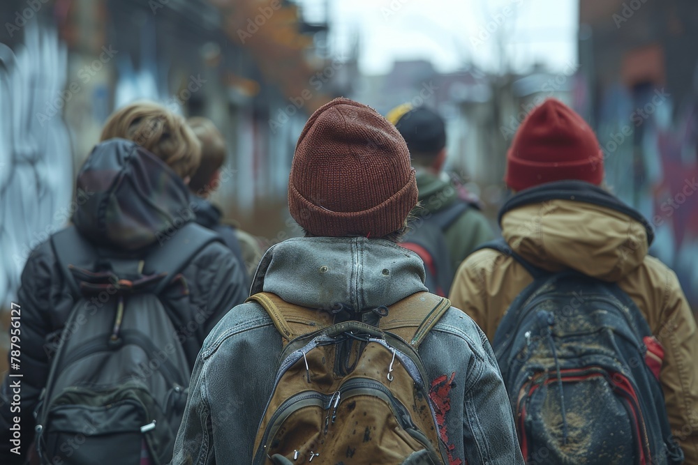 An urban shot capturing the backs of three individuals walking on a busy street, wearing casual winter attire and backpacks