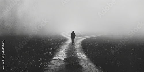 Person Standing in the Middle of a Foggy Road. Generative AI