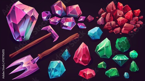 Icons of precious stone mining game. Cartoon modern set of red, green, and purple gemstone crystals, shovel and pickaxe with wooden handles.
