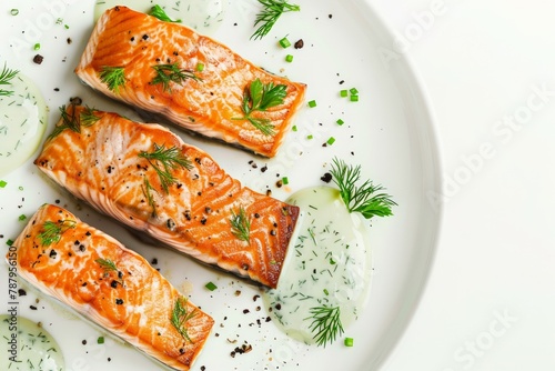 Grilled salmon fillets with dill sauce and herbs on a white plate, top view isolated on white background.