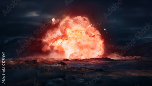A dramatic and intense scene of a massive explosion, with the smoke billowing upwards and engulfing the sky. Generative AI