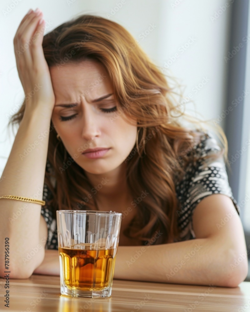 A woman suffers from a hangover, drinking excess alcohol and having a headache, hand in her head, and a glass of alcohol in front of her. A woman suffers from a hangover, drinking excess alcohol and having a headache, hand in her head, and a glass of alcohol in front of her.