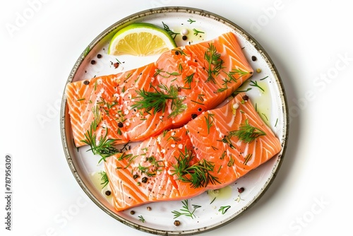 Fresh salmon fillets with dill, lemon slices, and spices on a ceramic plate with a rustic rim, ready for cooking.