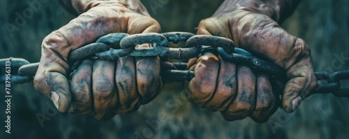 Two heavily worked hands gripping onto a chain  symbolizing strength  struggle  and resilience against a rustic backdrop.