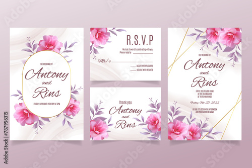 Wedding invitation template with pink flowers and purple leaves © IFTHINA