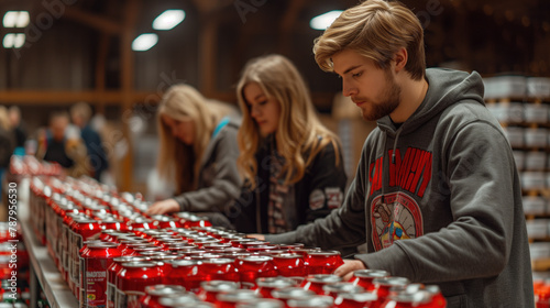 Volunteers sorting canned food donations at a local food bank.