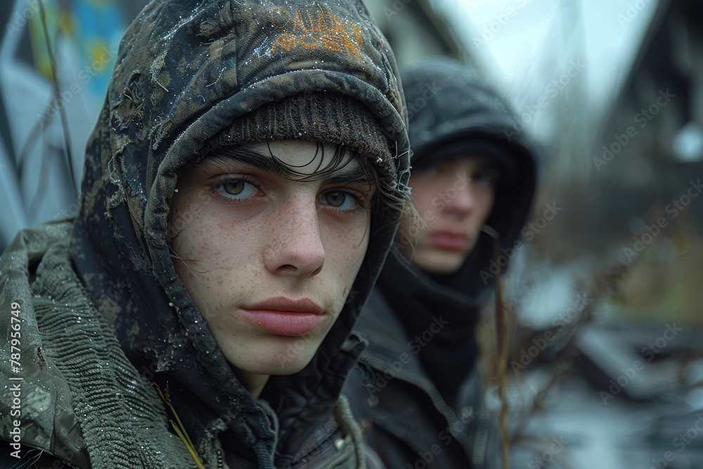 The image captures a young boy in camouflage, with wet hair in a natural setting, hinting at survival