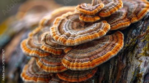 Close-up picture of mushroom, Turkey Tails, (Trametes versicolor) fruiting body on rotting tree log, Trametes versicolor photo