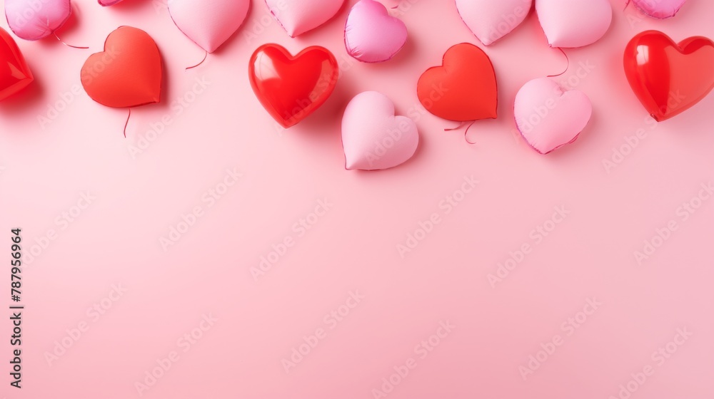 Multiple hearts in various sizes and colors scattered across a vibrant pink background