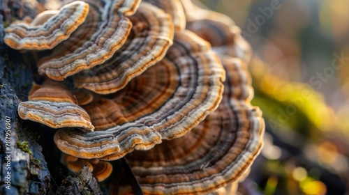 Close-up picture of mushroom, Turkey Tails, (Trametes versicolor) fruiting body on rotting tree log, Trametes versicolor photo