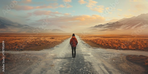 Person Standing on Dirt Road With Mountains in Background. Generative AI