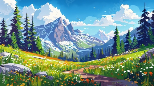 This modern clipart illustration shows a mountain valley landscape with a forest footpath. Old trees, yellow flowers in green grass, rocky peaks, white clouds in blue sky, travel background.