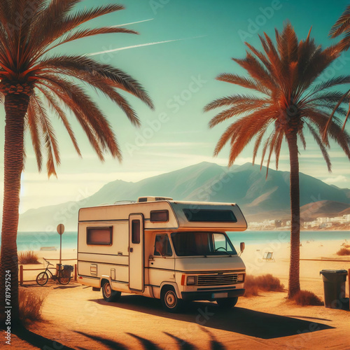 motorhome on the beach- vacation,summer holiday, road trip