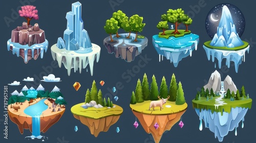 Set of flying islands isolated on a white background. Modern cartoon illustration of floating rocks with gemstones, woodlands with waterfalls and forests, and wolves howling on an icescape at night. photo