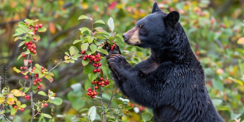 A black bear is eating berries from a tree